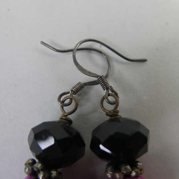 Fuchsia Dyed Howlite Beaded Dangle Pierced Fishhook Earrings Pink Black Silver - Picture 3 of 5